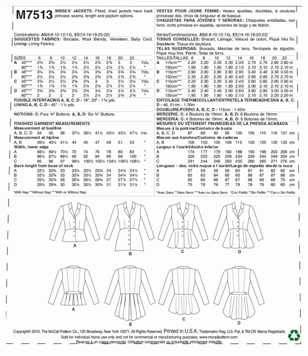 McCall's Sewing Pattern 7513 Misses' Peplum Jackets from Jaycotts Sewing Supplies