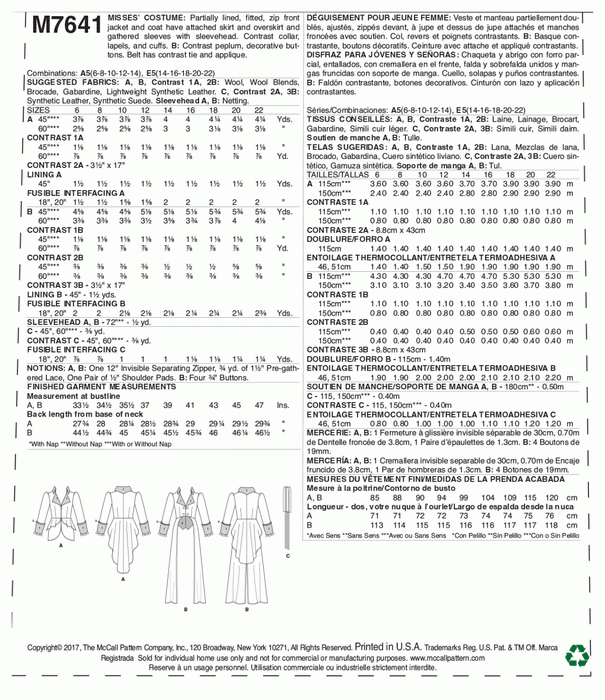 McCall's Sewing Pattern 7641 Misses' Jacket Costume with Belt from Jaycotts Sewing Supplies