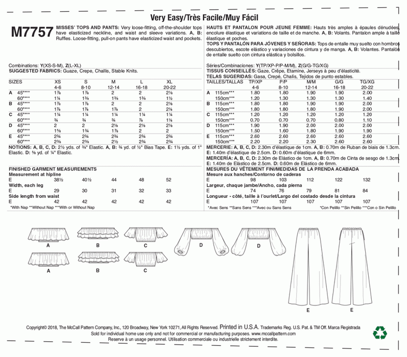 M7757 Misses' Tops and Pants Pattern from Jaycotts Sewing Supplies