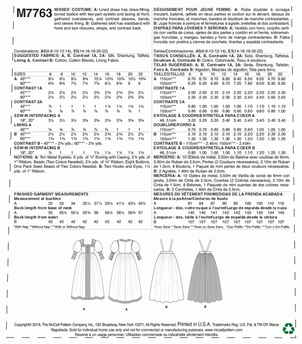 McCall's Sewing Pattern 7763 Renaissance Dress Costume from Jaycotts Sewing Supplies