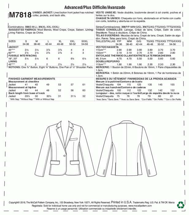 McCall's Sewing Pattern 7818 Unisex Jacket from Jaycotts Sewing Supplies
