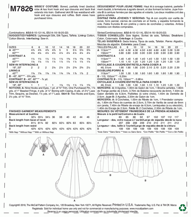 McCall's Sewing Pattern 7826 Misses' 18th Century Costume from Jaycotts Sewing Supplies