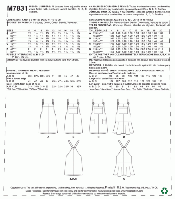 McCall's Sewing Pattern 7831 Misses' Pinafore from Jaycotts Sewing Supplies