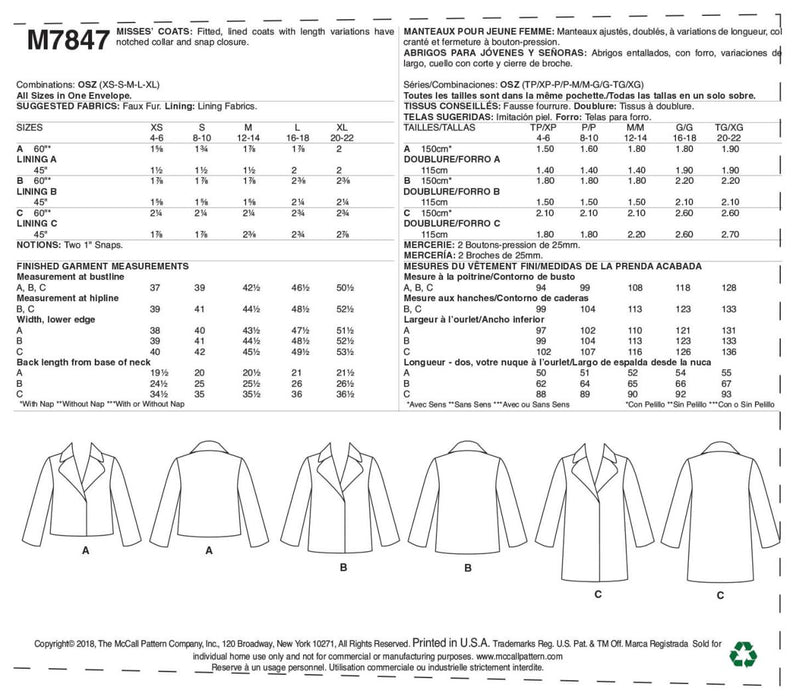 McCall's Sewing Pattern 7847 Misses' Coats from Jaycotts Sewing Supplies