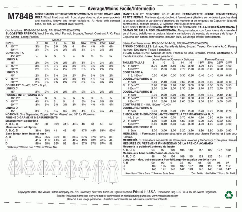 McCall's Sewing Pattern 7848 Ladies Coat Pattern from Jaycotts Sewing Supplies