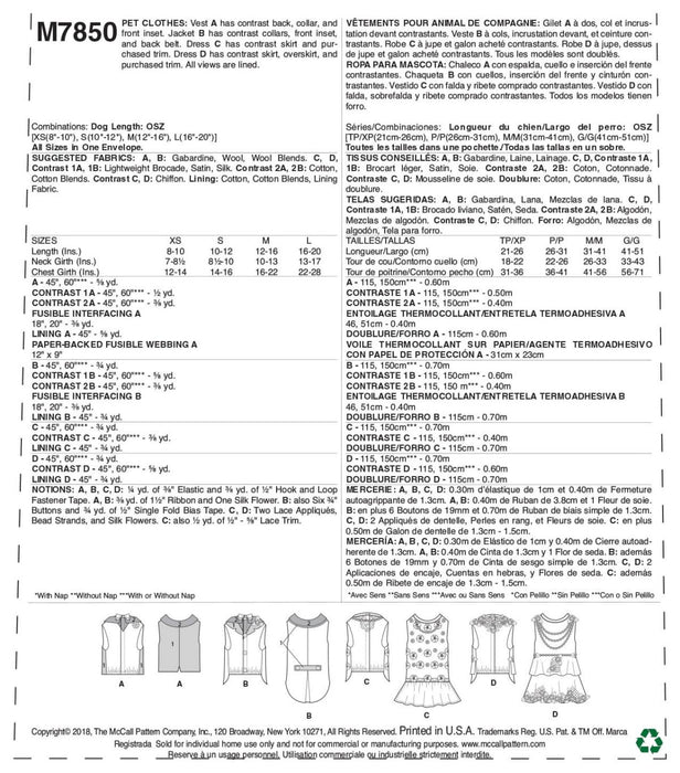McCall's Sewing Pattern 7850 Pet Clothes from Jaycotts Sewing Supplies