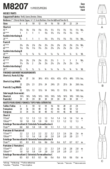 McCall's Sewing Pattern 8207 Pleated Trousers and Shorts from Jaycotts Sewing Supplies