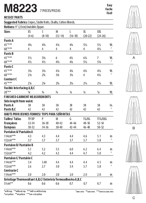 McCall's Sewing Pattern 8223 Wide Leg Palazzo Pants from Jaycotts Sewing Supplies