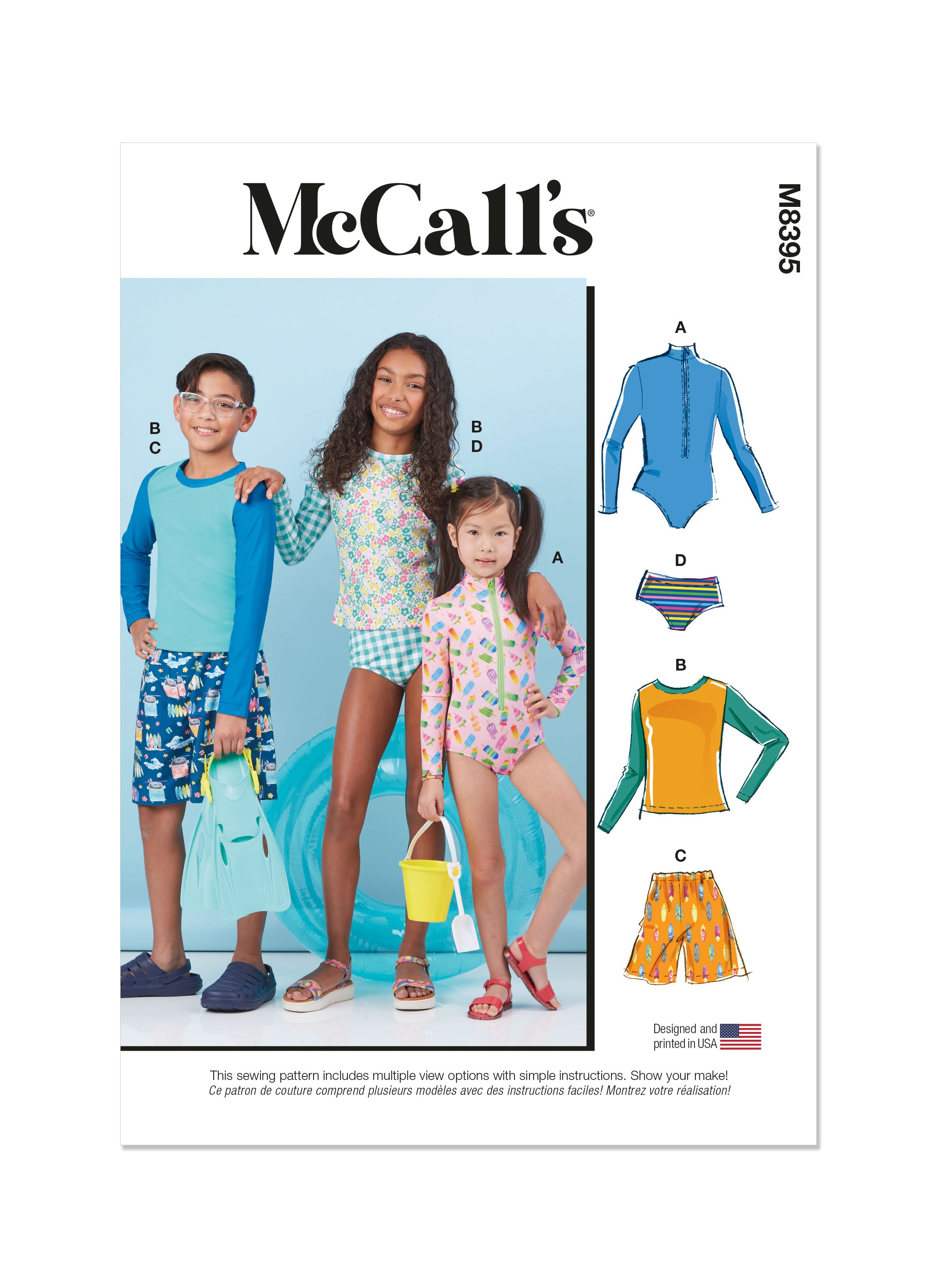 McCall's sewing pattern 8395 Children's Rash Guard Bodysuit, Top, Shorts and Bikini from Jaycotts Sewing Supplies