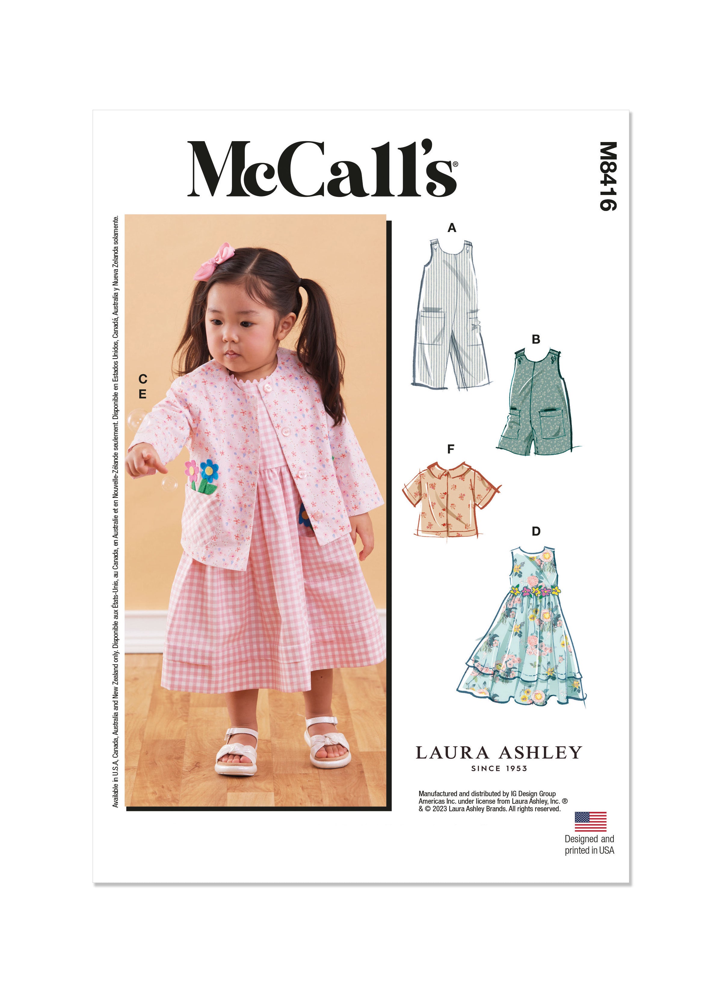 McCall's sewing pattern 8416 Toddlers' Romper, Dresses, Jacket and Shirt from Jaycotts Sewing Supplies