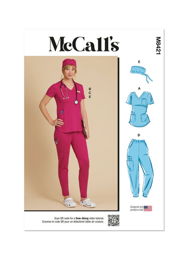 McCall's sewing pattern 8421 Knit Scrub Tops, Pants, Jogger and Cap from Jaycotts Sewing Supplies