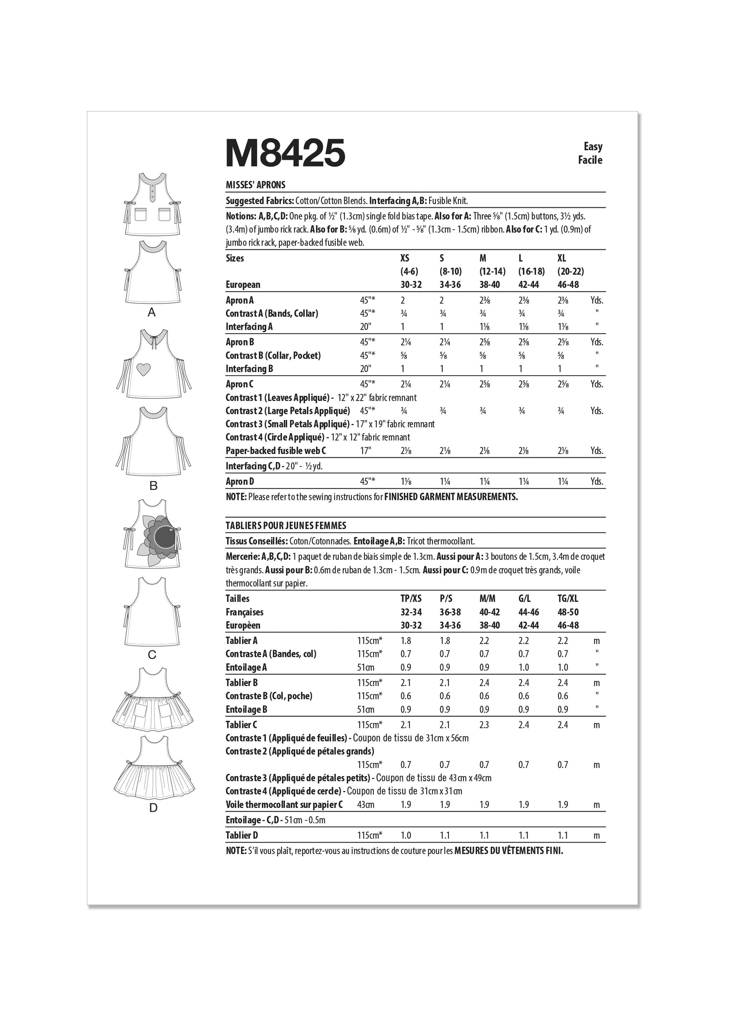 McCall's sewing pattern M8425 Misses' Aprons from Jaycotts Sewing Supplies
