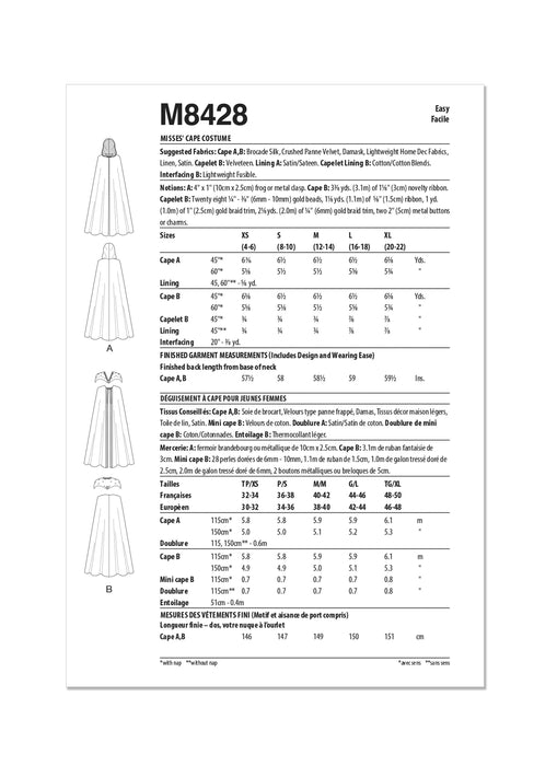 McCall's sewing pattern M8428 Misses' Cape Costume from Jaycotts Sewing Supplies