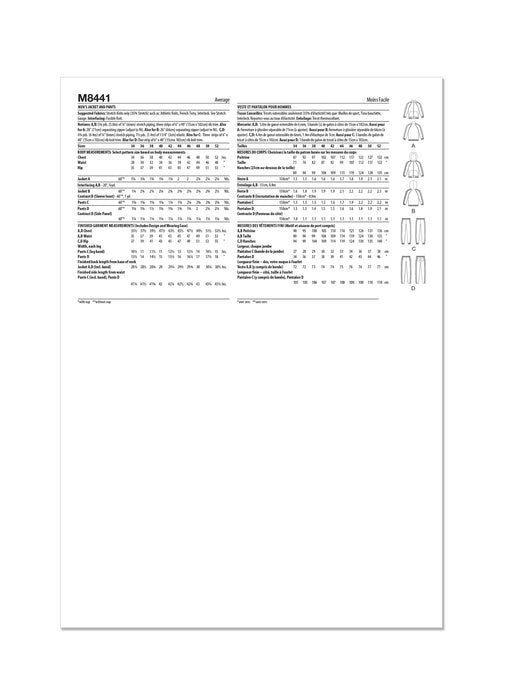 McCall's sewing pattern M8441 Men's Jacket and Pants from Jaycotts Sewing Supplies