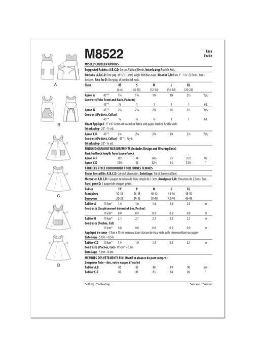 McCall's sewing pattern 8522 Cobbler Aprons from Jaycotts Sewing Supplies