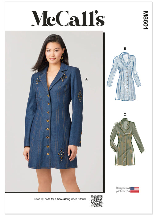 McCall's sewing pattern 8601 Fitted Button Front Mini Dress from Jaycotts Sewing Supplies