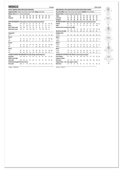 McCall's sewing pattern 8602 Babydoll Dress with Sleeve Variations from Jaycotts Sewing Supplies