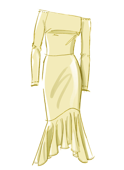 McCall's sewing pattern 8605 off-the-shoulder trumpet dress from Jaycotts Sewing Supplies