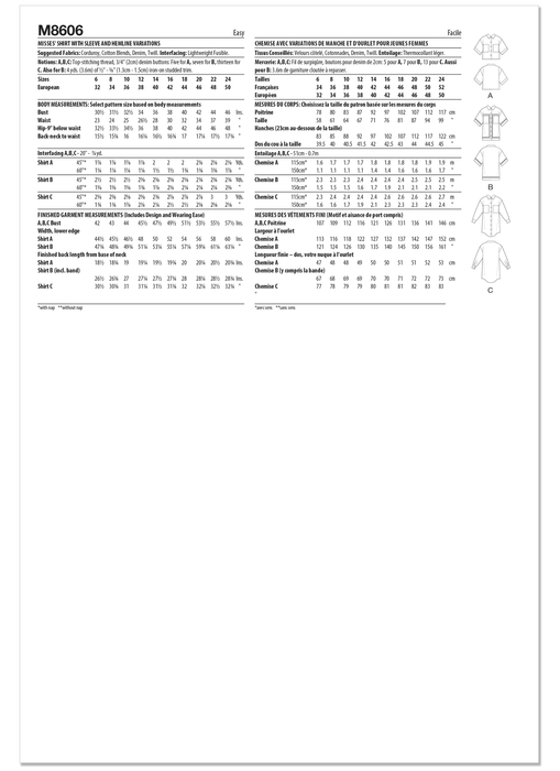 McCall's sewing pattern 8606 Loose fitting button front shirts from Jaycotts Sewing Supplies