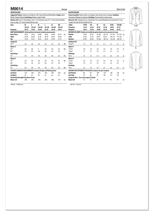 McCall's sewing pattern 8614 Unisex Blazer from Jaycotts Sewing Supplies