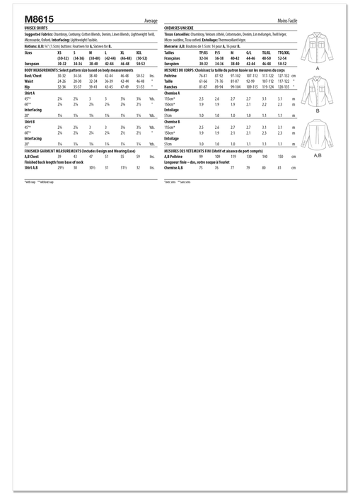 McCall's sewing pattern 8615 Unisex Casual button front Shirts from Jaycotts Sewing Supplies