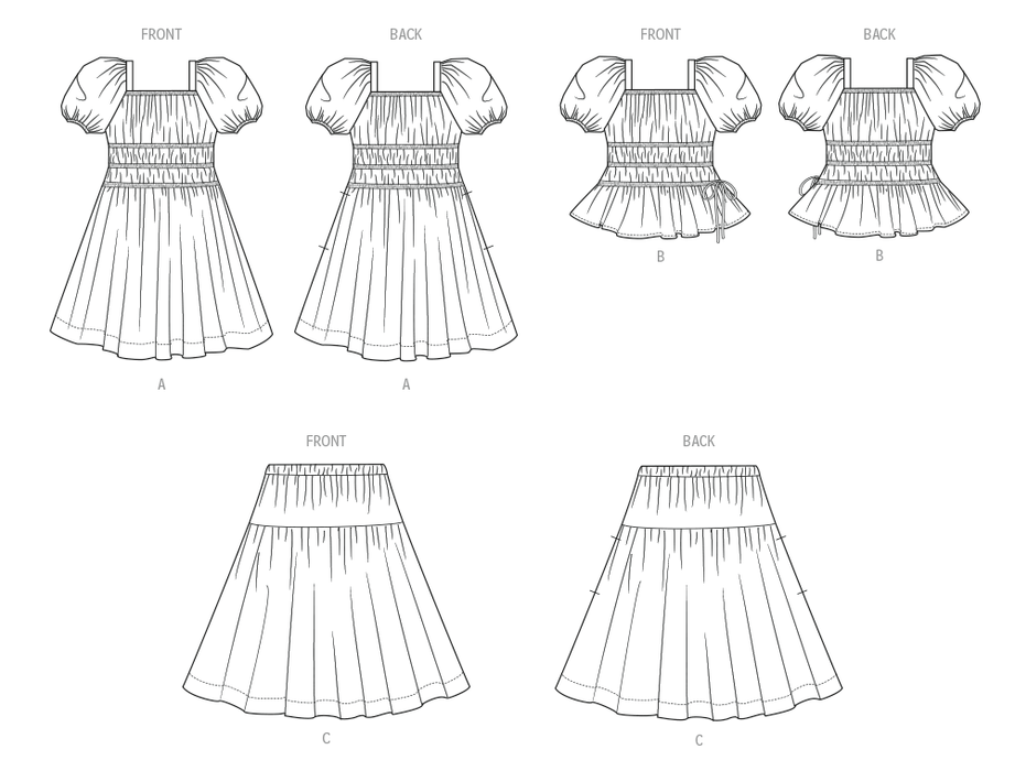 McCall's sewing pattern 8619 Girls' Ruched Dress, Top and Skirt from Jaycotts Sewing Supplies
