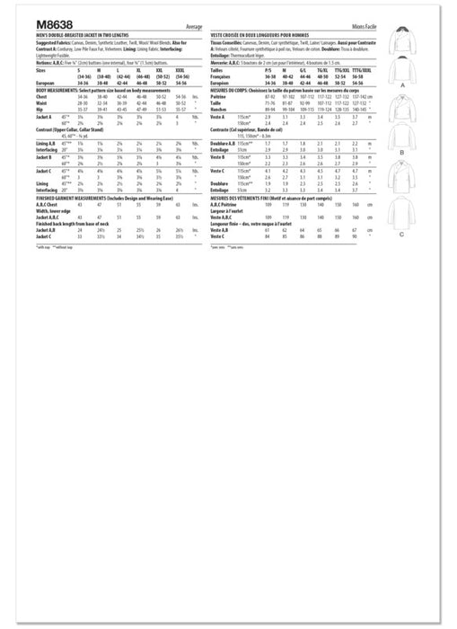 McCall's sewing pattern 8638 Men's Double Breasted Jacket in Two Lengths from Jaycotts Sewing Supplies
