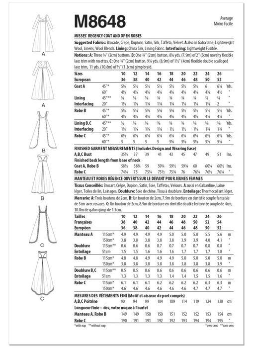 McCall's sewing pattern 8648 Misses' Regency Coat and Open Robes from Jaycotts Sewing Supplies