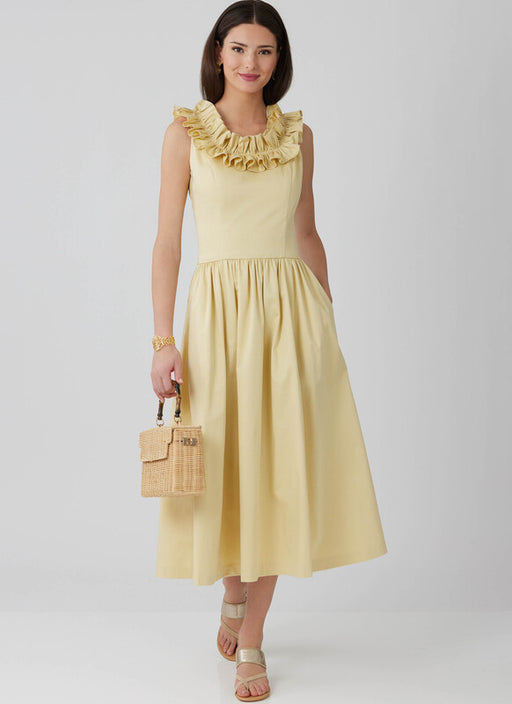 McCall's sewing pattern 8650 Misses' and Miss Petite Ruffle Neck Midi Dress from Jaycotts Sewing Supplies