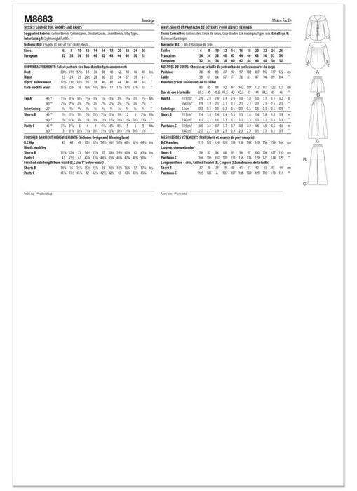 McCall's sewing pattern 8663 Misses' Lounge Top, Shorts and Pants from Jaycotts Sewing Supplies