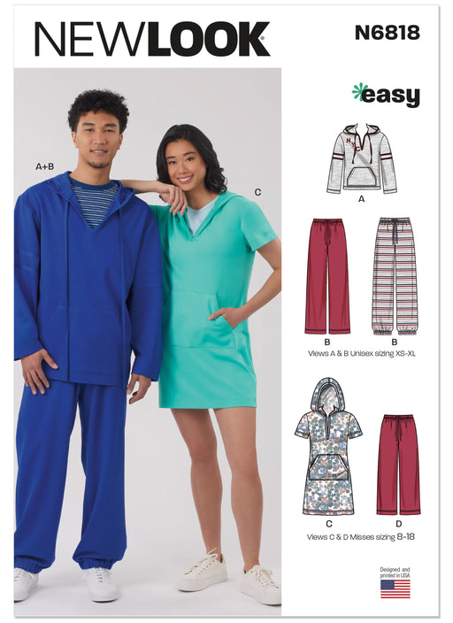 New Look Sewing Pattern 6818 Unisex Knit Hoodie and Pants and Knit Dress from Jaycotts Sewing Supplies