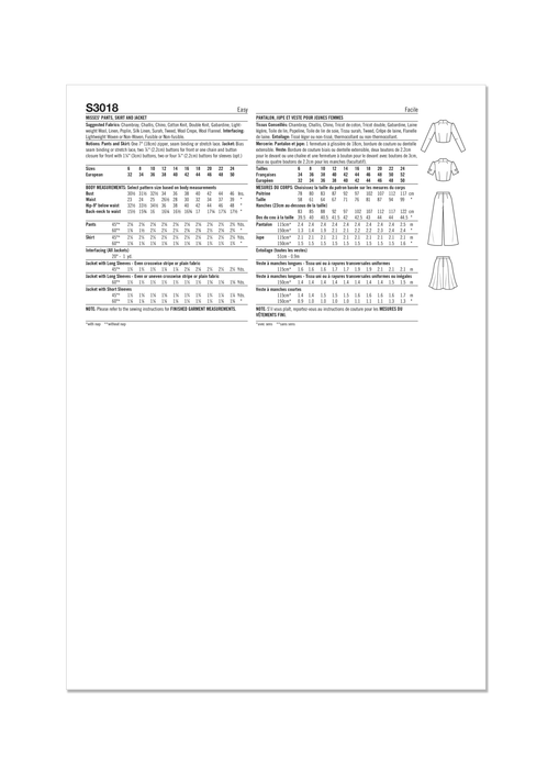 Simplicity Sewing Pattern 3018 Pants, Skirt and Jacket from Jaycotts Sewing Supplies