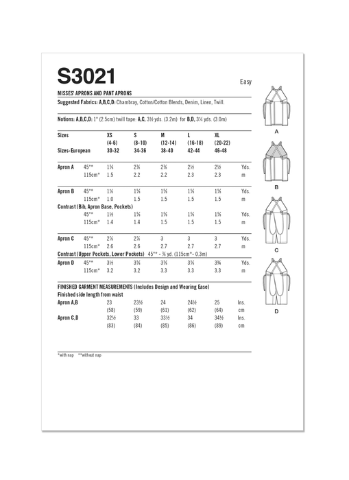 Simplicity Sewing Pattern 3021 Aprons and Pant Aprons from Jaycotts Sewing Supplies