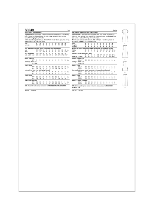 Simplicity sewing pattern S3049 Misses' Dress, Tunic and Trousers