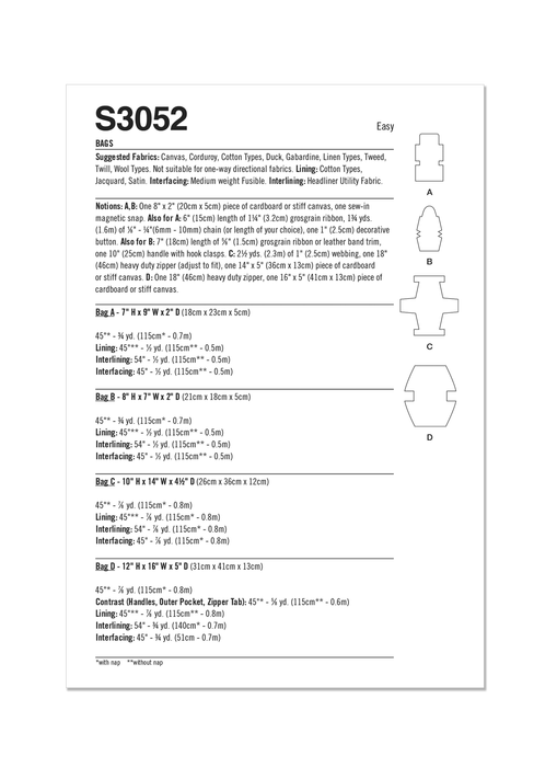 Simplicity sewing pattern S3052 Bags from Jaycotts Sewing Supplies