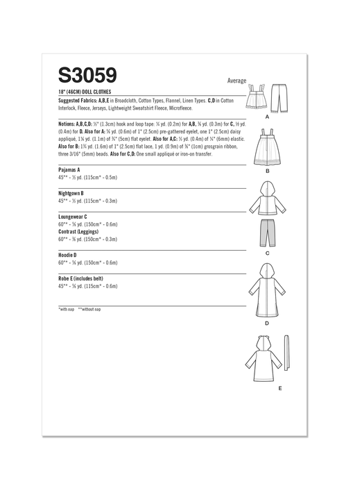 Simplicity sewing pattern S3059 18" Doll Clothes from Jaycotts Sewing Supplies