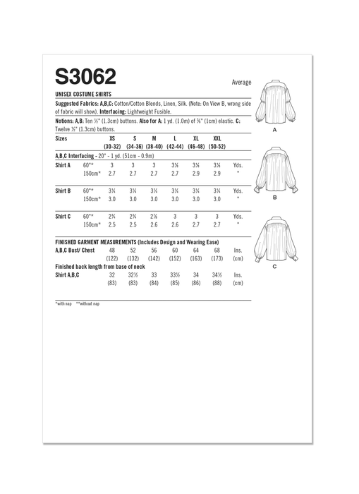 Simplicity S3062 Unisex Costume Shirts pattern by Scissor IMP Workshop from Jaycotts Sewing Supplies