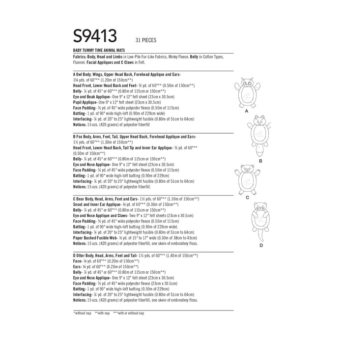 Simplicity Sewing Pattern 9413 Baby Tummy Time Animal Mats from Jaycotts Sewing Supplies