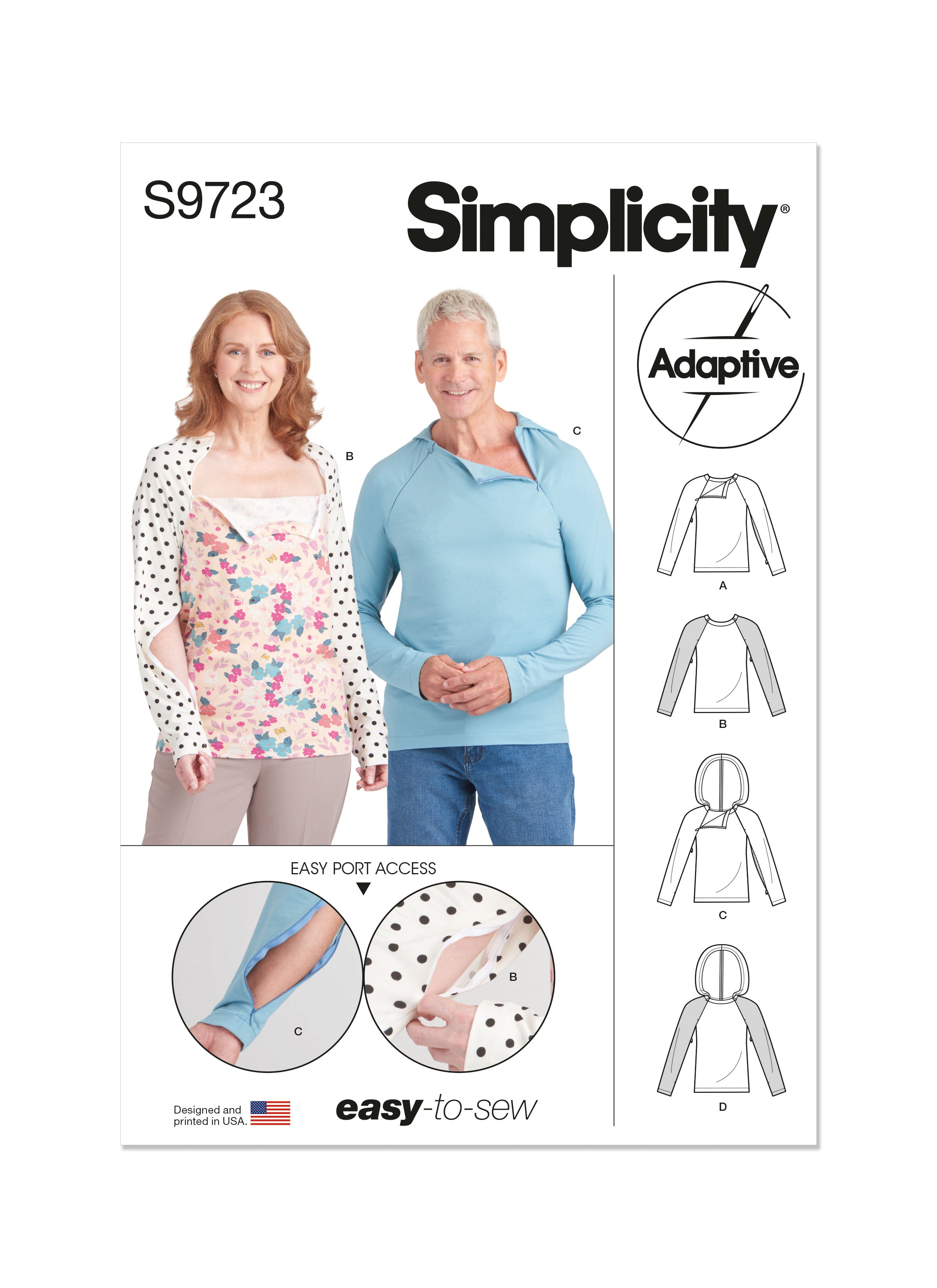 Simplicity 9723 Unisex Dual Port Access Chemo Top and Hoodie pattern from Jaycotts Sewing Supplies