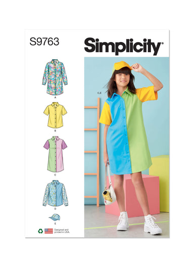 Simplicity 9763 sewing pattern Girls' Shirtdresses, Shirts and Hat from Jaycotts Sewing Supplies