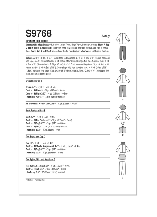 Simplicity 9768 sewing pattern 18" Doll Clothes by Elaine Heigl Designs from Jaycotts Sewing Supplies