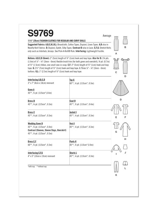 Simplicity 9769 sewing pattern Fashion Clothes for Regular and Curvy Size Dolls from Jaycotts Sewing Supplies