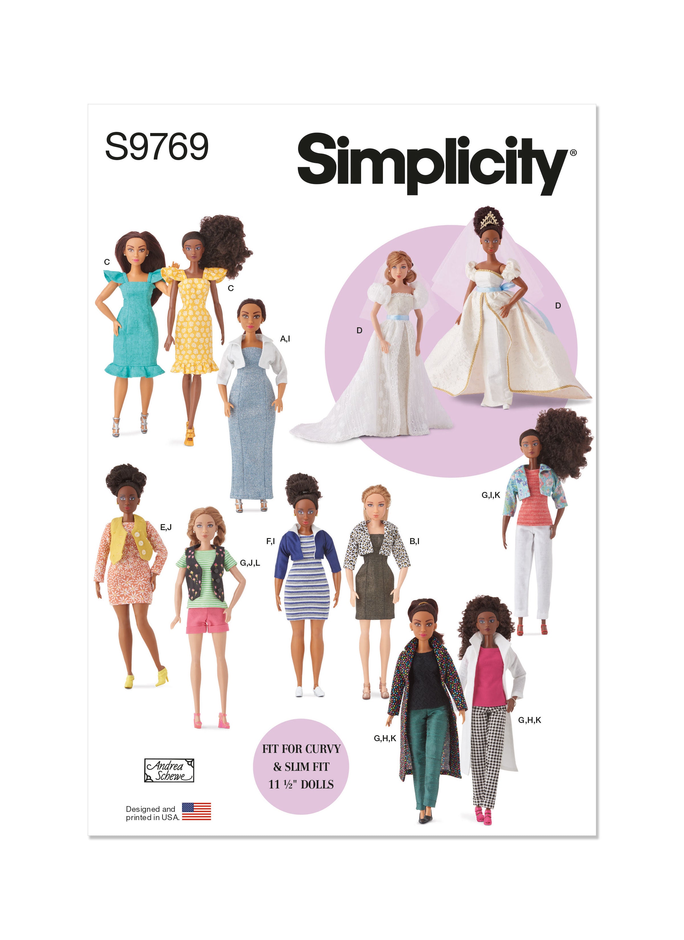 Simplicity 9769 sewing pattern Fashion Clothes for Regular and Curvy Size Dolls from Jaycotts Sewing Supplies