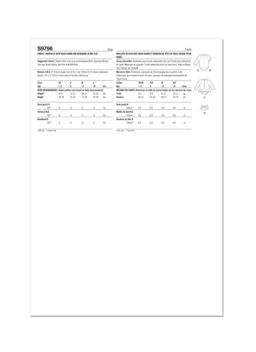 Simplicity sewing pattern 9796 Babies' Swimsuits with Rash Guard and Headband from Jaycotts Sewing Supplies