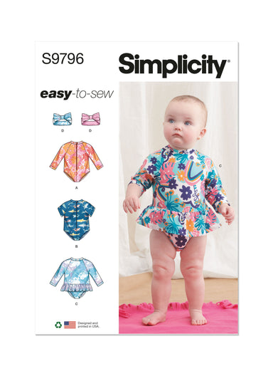 Simplicity sewing pattern 9796 Babies' Swimsuits with Rash Guard and Headband from Jaycotts Sewing Supplies