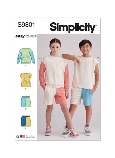 Simplicity sewing pattern 9801 Girls' and Boys' Sweatshirts and Shorts from Jaycotts Sewing Supplies