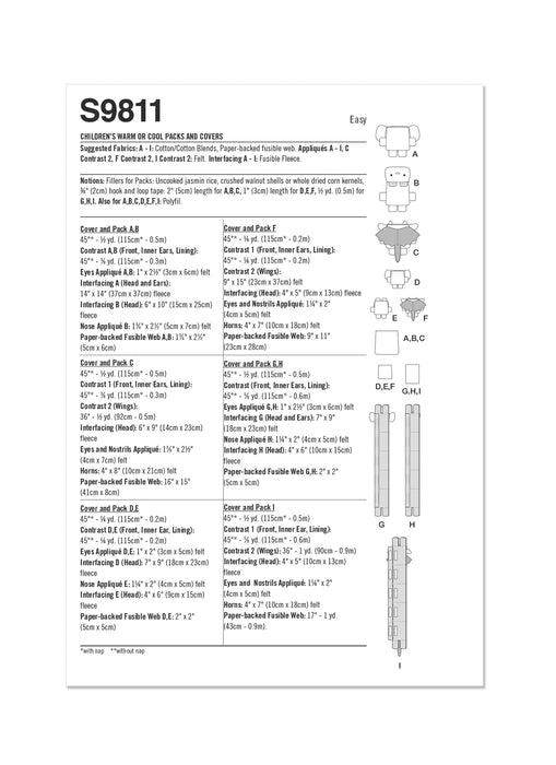Simplicity sewing pattern 9811 Children's Warm or Cool Packs and Covers from Jaycotts Sewing Supplies