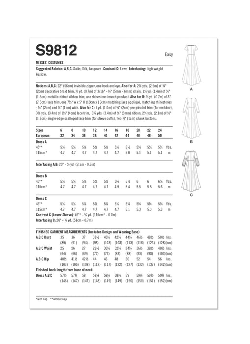 Simplicity sewing pattern 9812 Misses' Costumes from Jaycotts Sewing Supplies