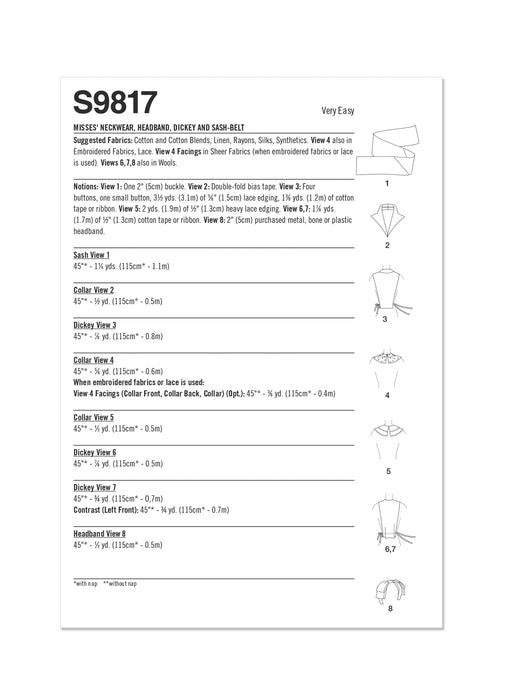 Simplicity sewing pattern 9817 Misses' Neckwear, Headband, Dickey and Sash-Belt from Jaycotts Sewing Supplies