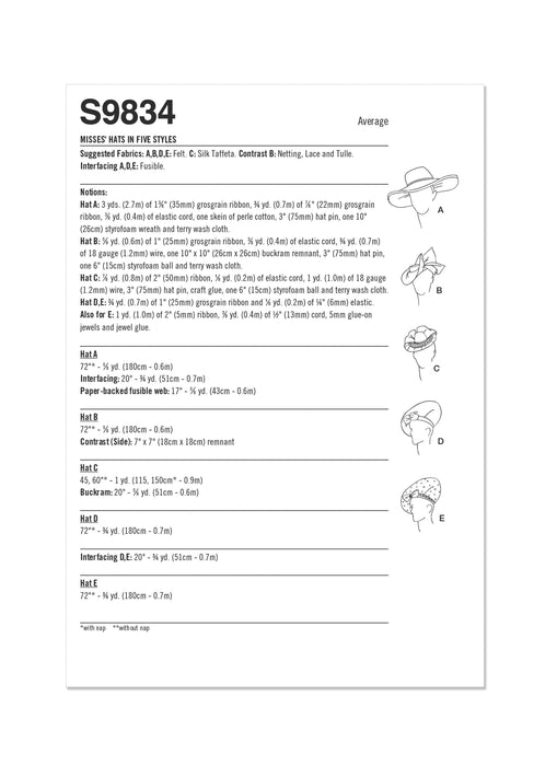 Simplicity sewing pattern 9834 Misses' Hats in Five Styles from Jaycotts Sewing Supplies